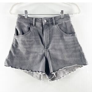 Express Super High Waisted Denim Raw Hem Curvy Jean Mom Shorts Faded Black 6